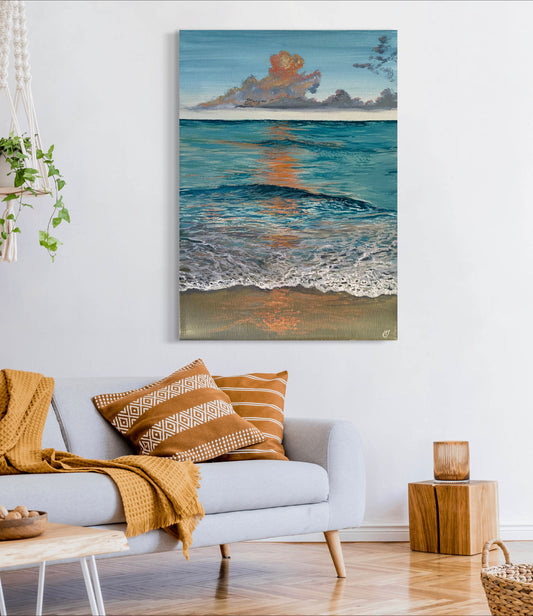 Serene Glow Original: Calming Turquoise Sunset Acrylic on Canvas