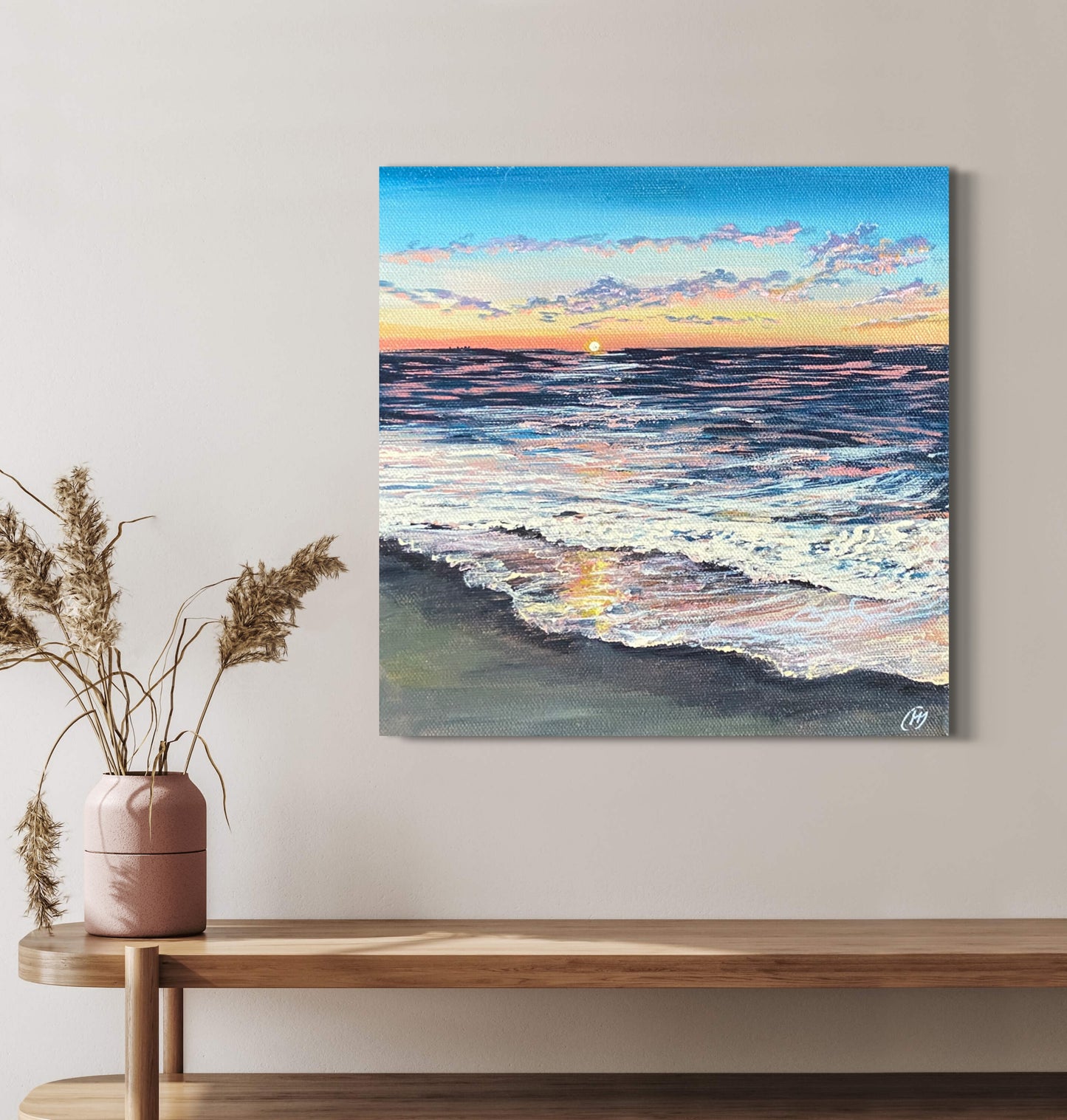 Sunkissed Original Painting: Vibrant Home Sea Sunset Pink & Blue Beach Fine Art