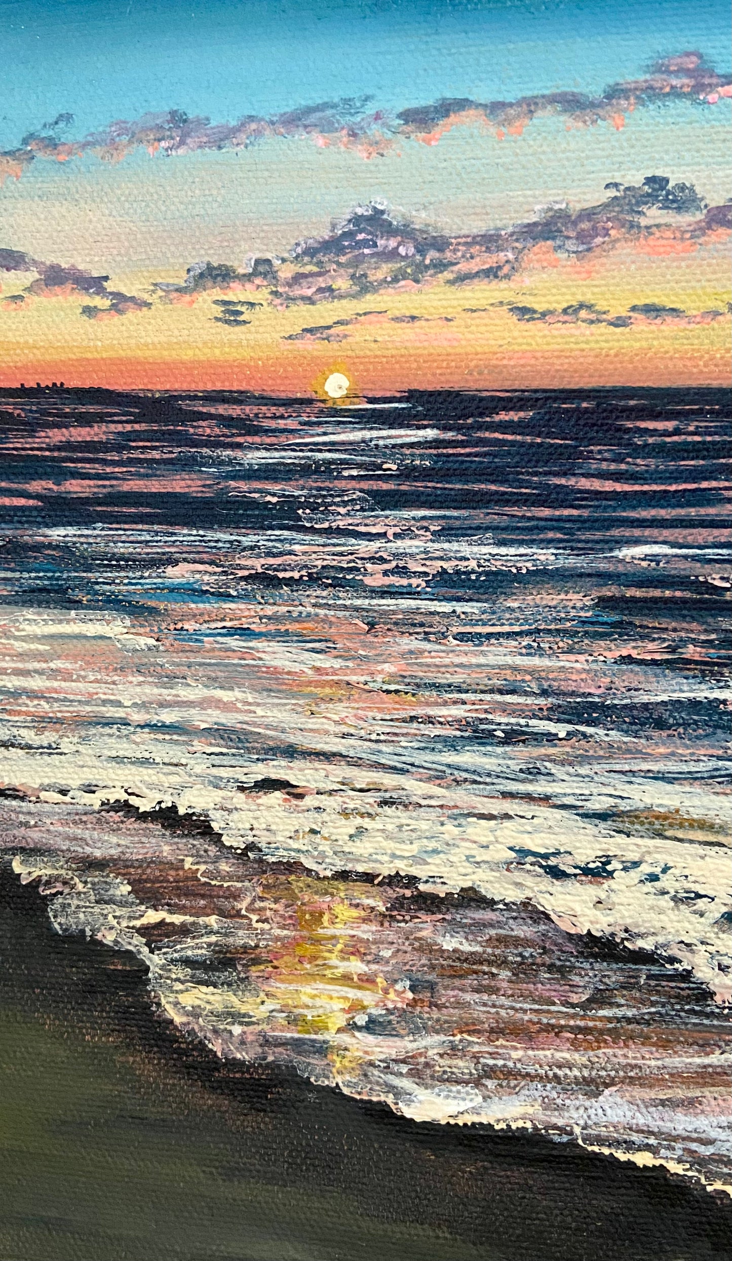 Sunkissed Original Painting: Vibrant Home Sea Sunset Pink & Blue Beach Fine Art