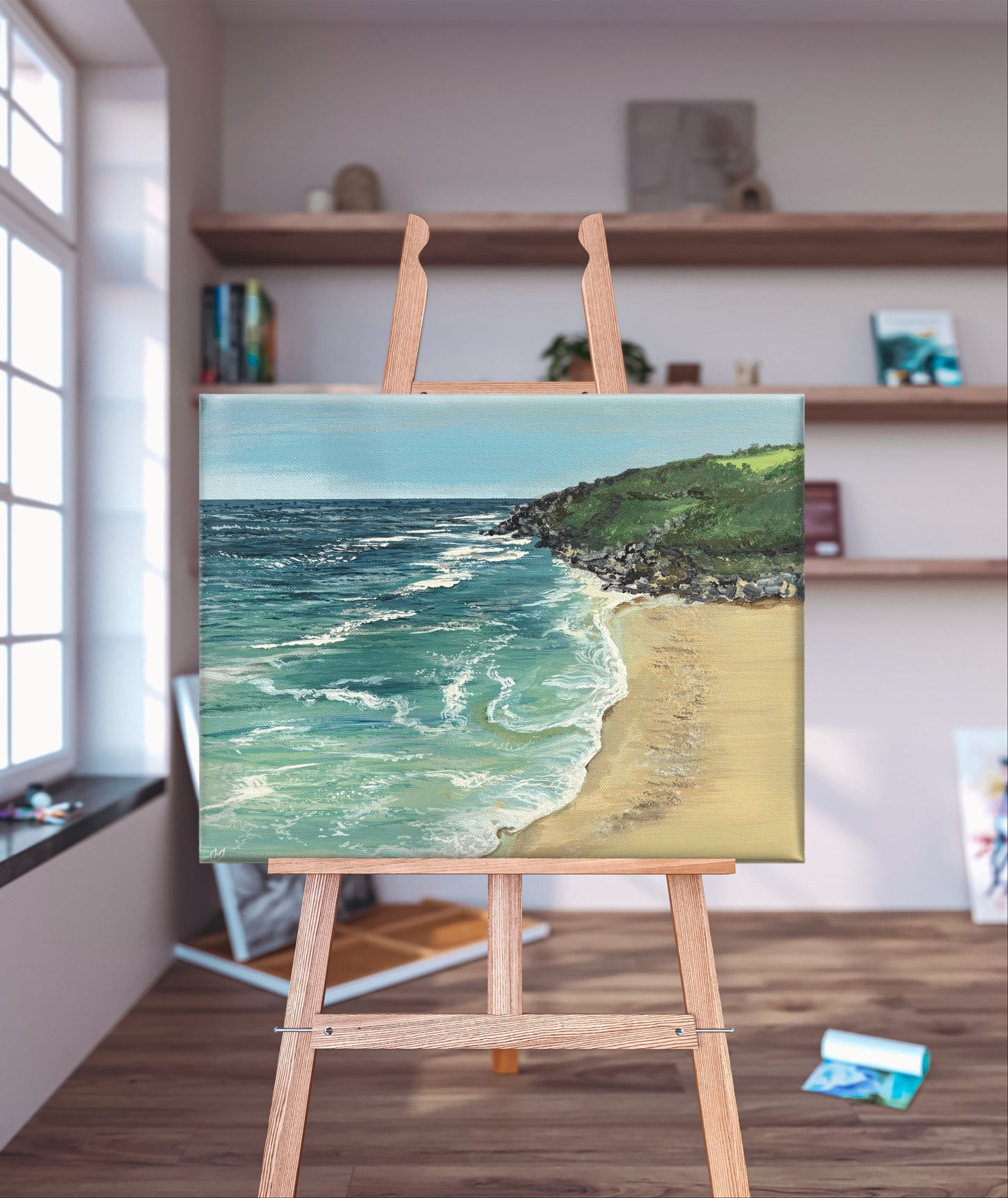 Original “Wild Tide, Reckless Shores Mini”: Cornish Beach Canvas Wall Art
