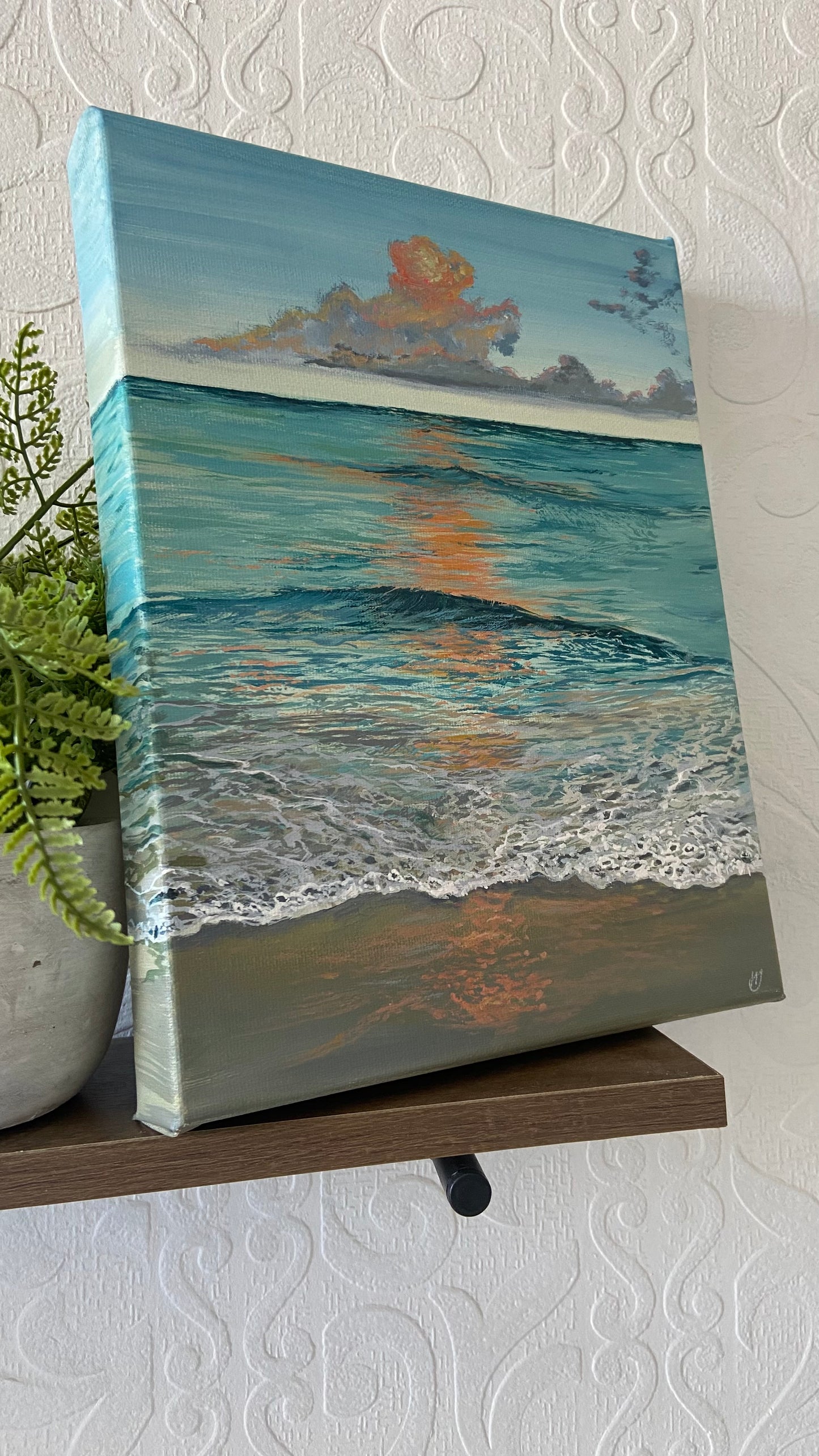 Serene Glow Original: Calming Turquoise Sunset Acrylic on Canvas