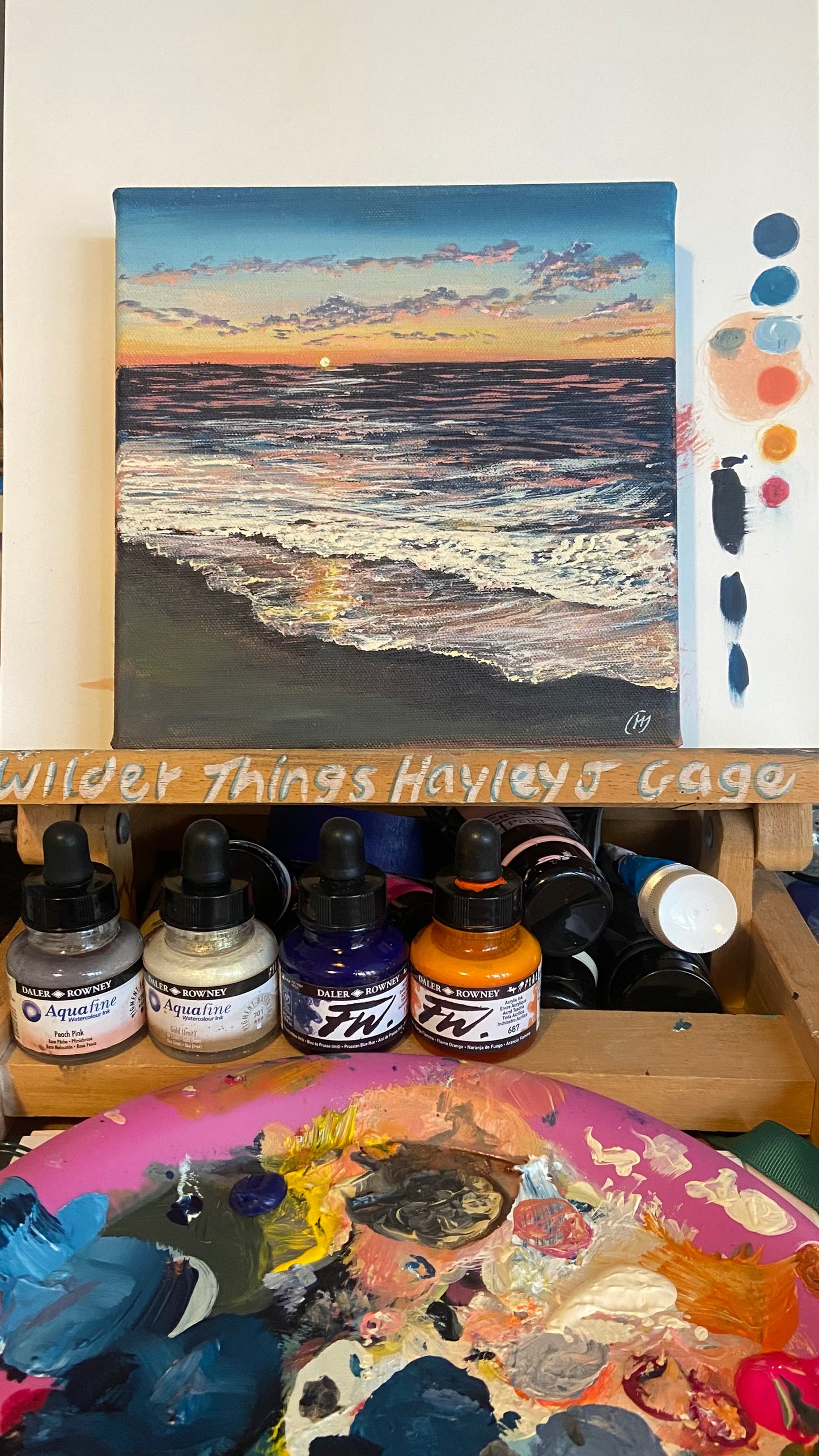 Sunkissed Original Painting: Vibrant Home Sea Sunset Pink & Blue Beach Fine Art