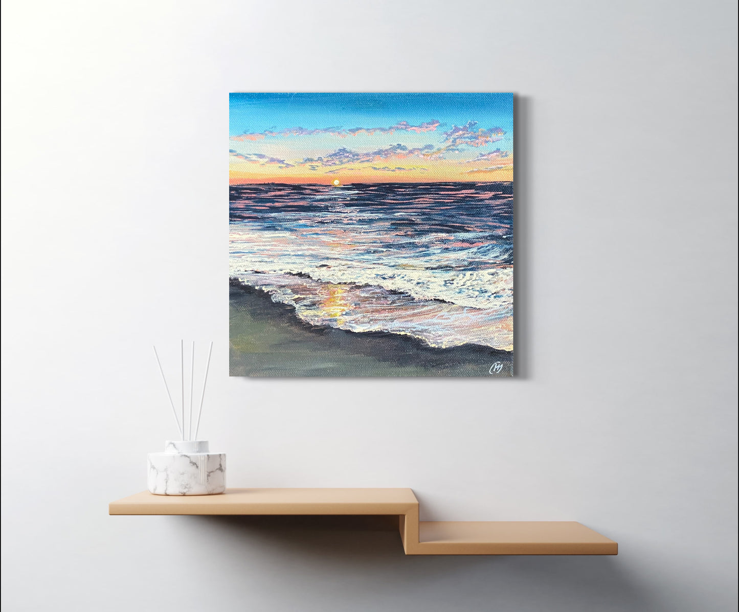 Sunkissed Original Painting: Vibrant Home Sea Sunset Pink & Blue Beach Fine Art