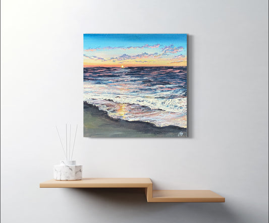 Sunkissed Original Painting: Vibrant Home Sea Sunset Pink & Blue Beach Fine Art 8x8”