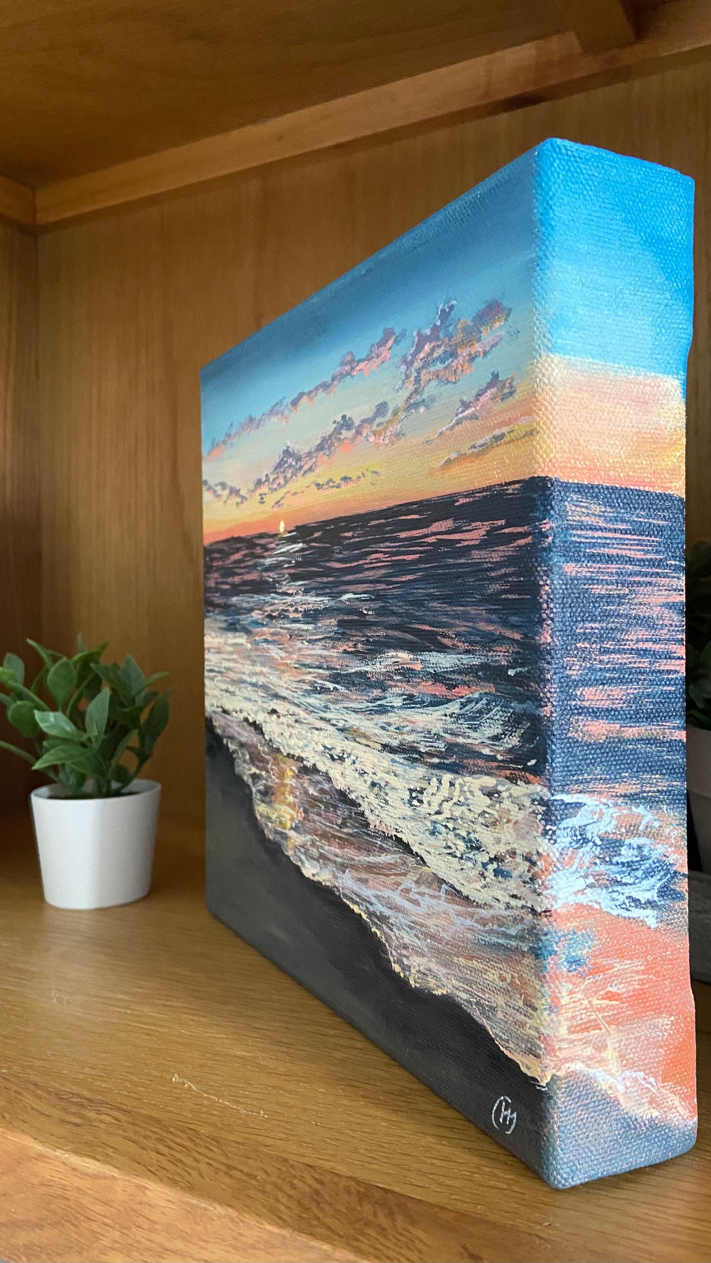 Sunkissed Original Painting: Vibrant Home Sea Sunset Pink & Blue Beach Fine Art