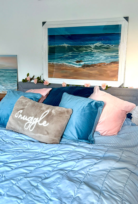 Blue Sea & Sky Beach Art Print “Summer Light at Harlyn”: Cornish Beach Canvas Wall Art