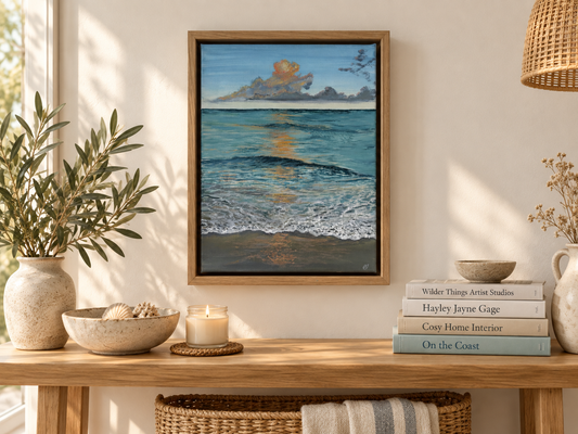 Serene Glow Original: Calming Turquoise Sunset Acrylic on Canvas