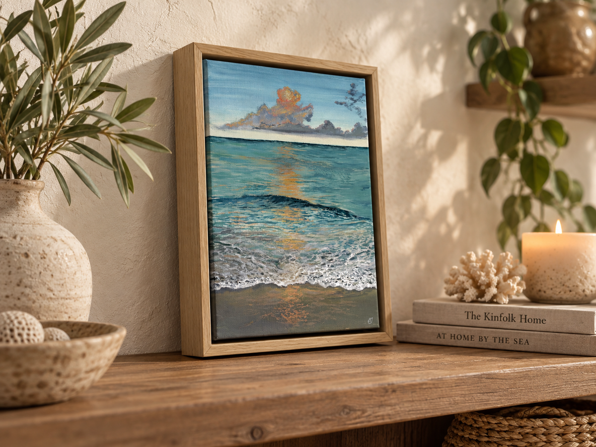 Serene Glow Original: Calming Turquoise Sunset Acrylic on Canvas