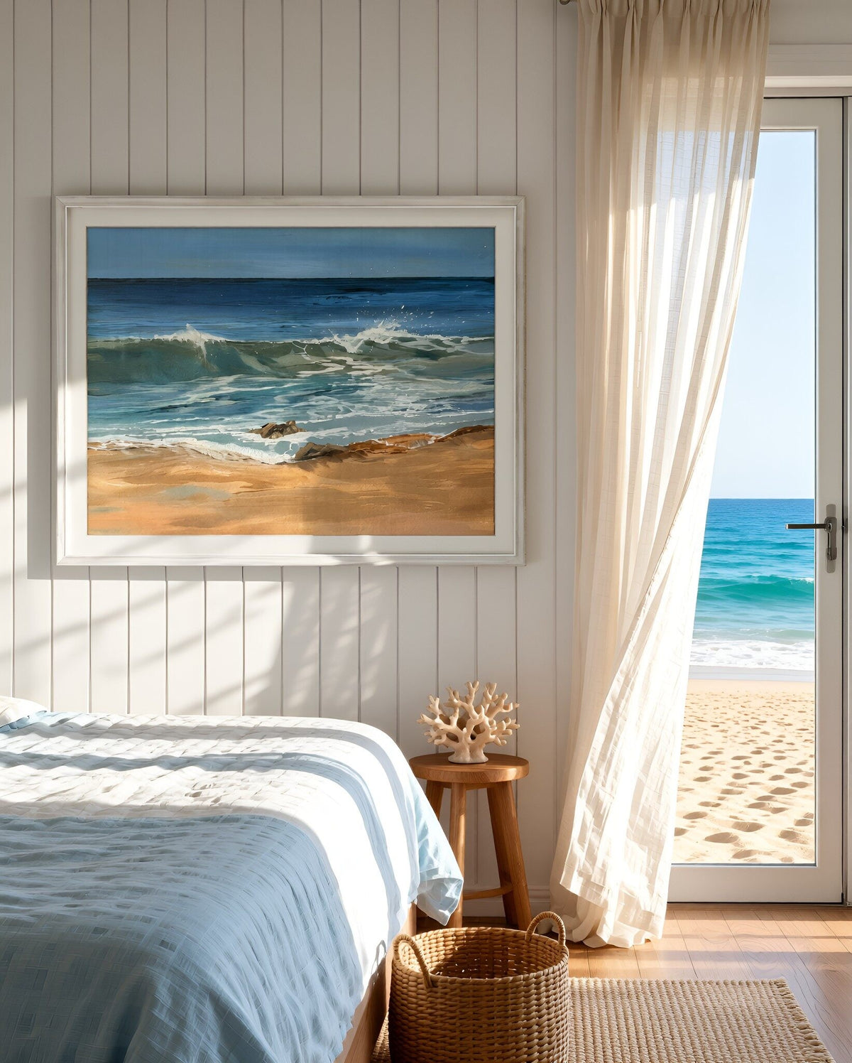 Blue Sea & Sky Beach Art Print “Summer Light at Harlyn”Cornish Beach Canvas Wall Art