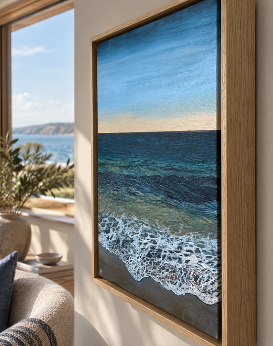 Pure Shores Framed Original: Realistic Tranquil Cornish Sea Painting