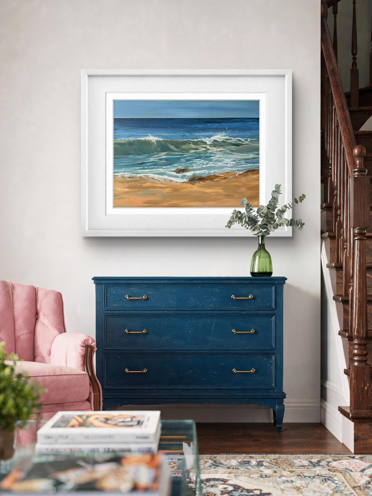 Blue Sea & Sky Beach Art Print “Summer Light at Harlyn”Cornish Beach Canvas Wall Art