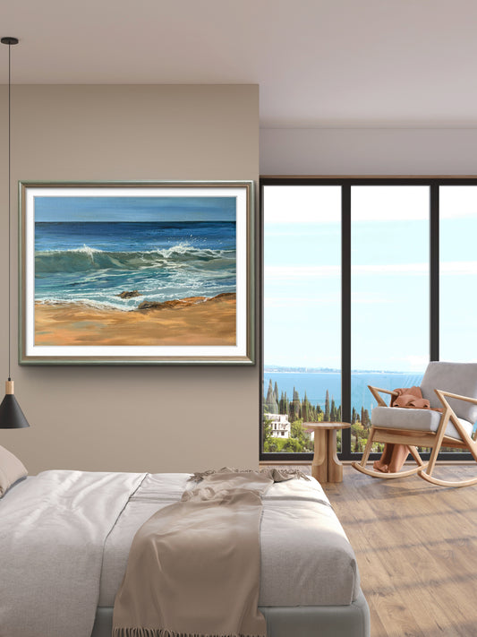 Blue Sea & Sky Beach Art Print “Summer Light at Harlyn”Cornish Beach Canvas Wall Art